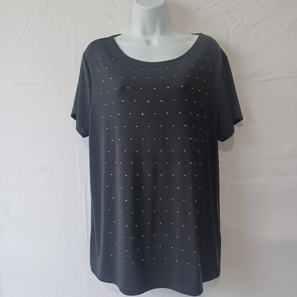 Chico''s Easy Wear black short sleeves rhinestones travel party work wear‎ sa L